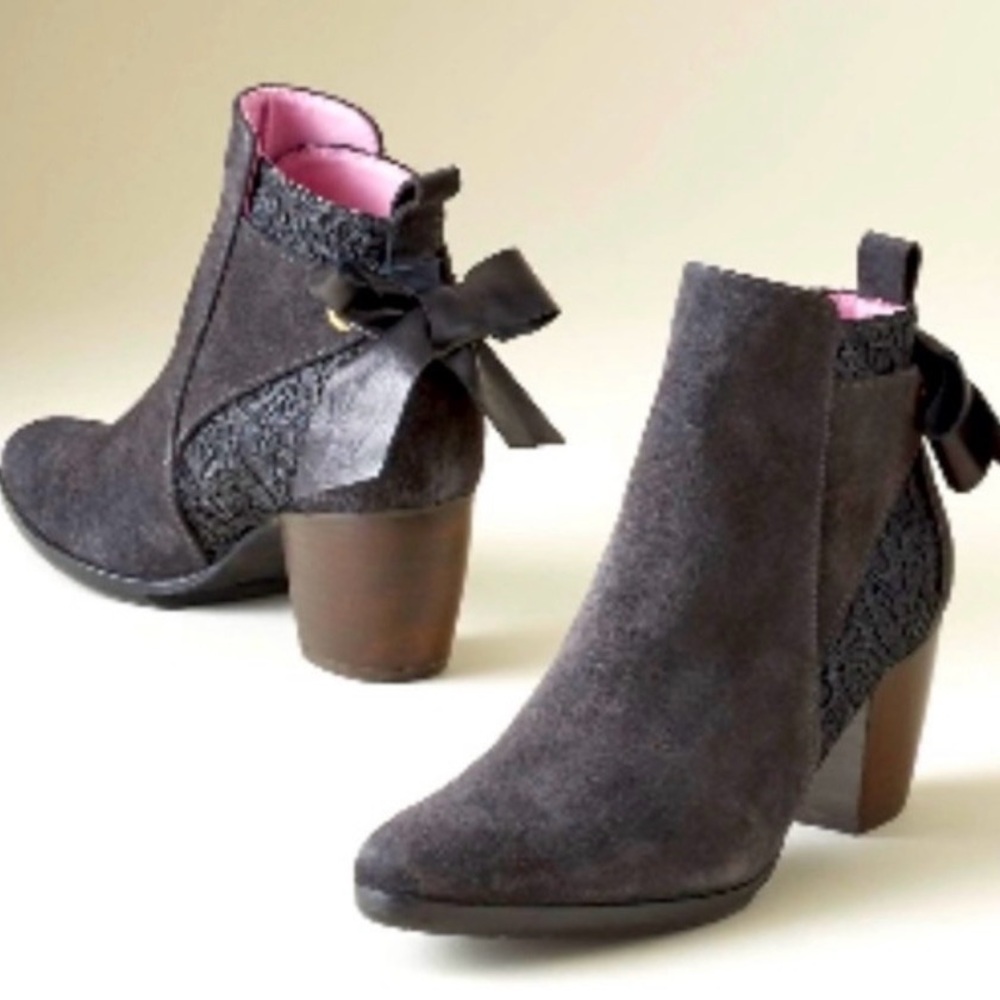 Sundance Catalog Anthracite Sueded Leather‎ and Lace Bow Booties 8 8.5 39 Spain